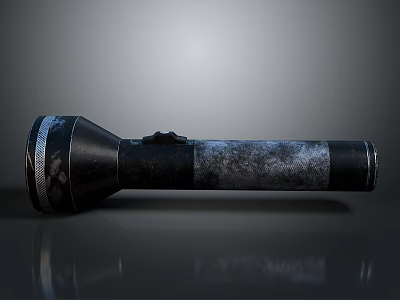 Vintage Black Flashlight With Metallic Body And Worn Texture On Smooth Surface 3d model