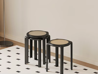 Black Rattan Dining Chairs On Black And White Diamond Pattern Rug With Light Colored Walls 3d model