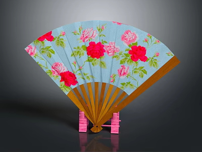 Decorative Fan Ornament With Floral Pattern Red Pink Roses And Wooden Frame 3d model