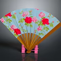 Decorative Fan Ornament With Floral Pattern Red Pink Roses And Wooden Frame