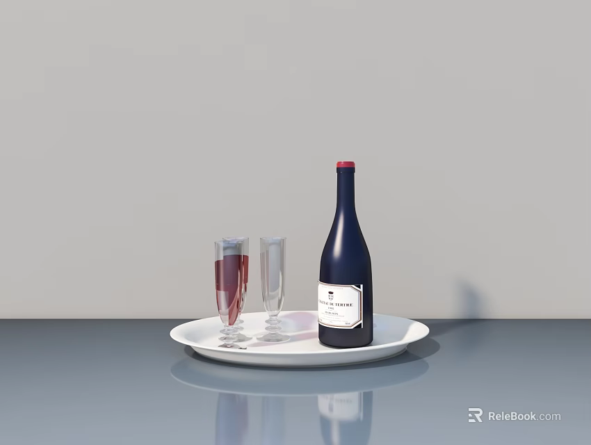 Modern Tableware Set with White Tray Dark Wine Bottle Two Wine Glasses and Red Liquid 3d model 