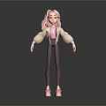 Woman With Pink Hair Dressed In Beige Jacket Pink Top Dark Leggings And Pink Sneakers