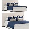 Modern Double Bed Interior With Beige Headboard White Sheets Navy Pillows And Quilt 3d model