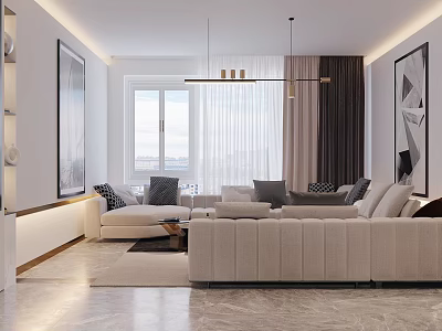 Modern Living Dining Room Interior Design With Sofa Carpet Pendant Light Curtains and Wall Art 3d model
