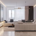 Modern Living Dining Room Interior Design With Sofa Carpet Pendant Light Curtains and Wall Art