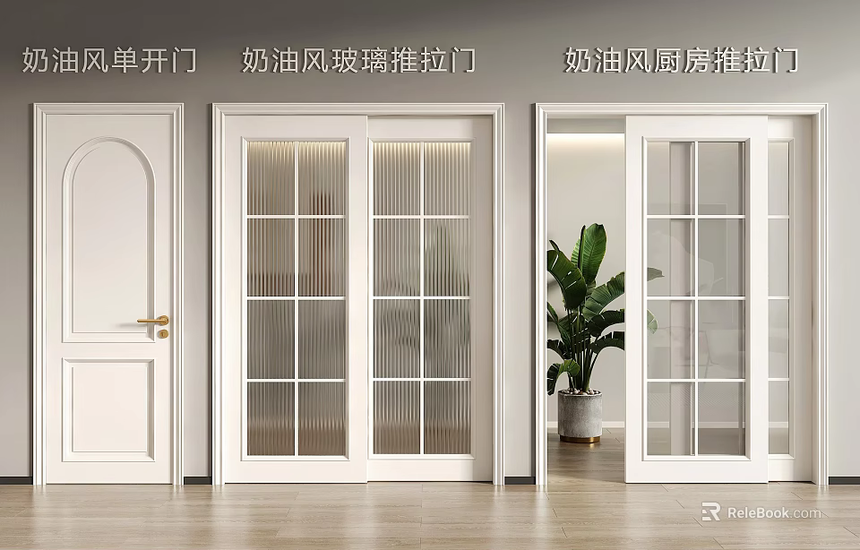 Cream Style Elegant Glass Sliding Doors For Modern Kitchen Interior With Transparent Panels 3d model 