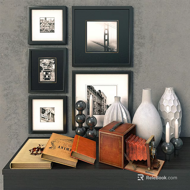 Decorative Ornament Combination With Framed Artworks Vases Books Boxes And Candles On Tabletop 3d model 