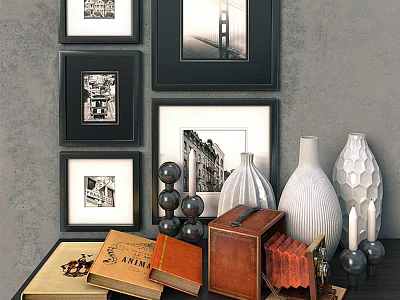 Decorative Ornament Combination With Framed Artworks Vases Books Boxes And Candles On Tabletop 3d model