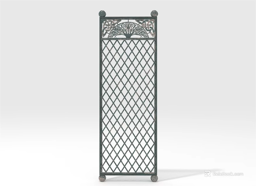 Black Decorative Room Divider With Ornate Top And Diamond Lattice Design 3d model 