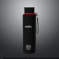 Black Cellio Water Bottle With Red Strap Shield Logo And Lanyard For Daily Use