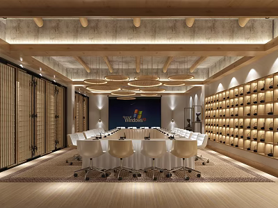 Modern Conference Room Interior With Round Table White Chairs Projection Screen Wooden Ceiling And Pendant Lights 3d model