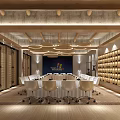 Modern Conference Room Interior With Round Table White Chairs Projection Screen Wooden Ceiling And Pendant Lights