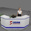 Modern White Reception Desk With Blue Trim Flower Arrangement Green Plant And Receptionist