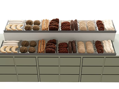 Display Shelves with Assorted Pastries Cookies and Biscuits Neatly Arranged in Retail Store 3d model