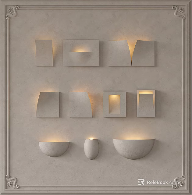 Different Shaped Modern Wall Lamps Mounted On Gray Wall With Embedded Illuminated Design 3d model