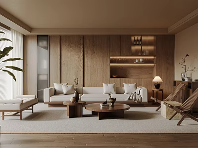 Modern Living Room With Wooden Walls Beige Sofa Coffee Table Floor Lamp And Green Plants 3d model