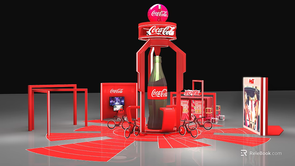 Coca Cola Exhibition Booth With Red Design Large Bottle Model Seats And Bicycles 3d model 