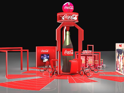 Coca Cola Exhibition Booth With Red Design Large Bottle Model Seats And Bicycles 3d model