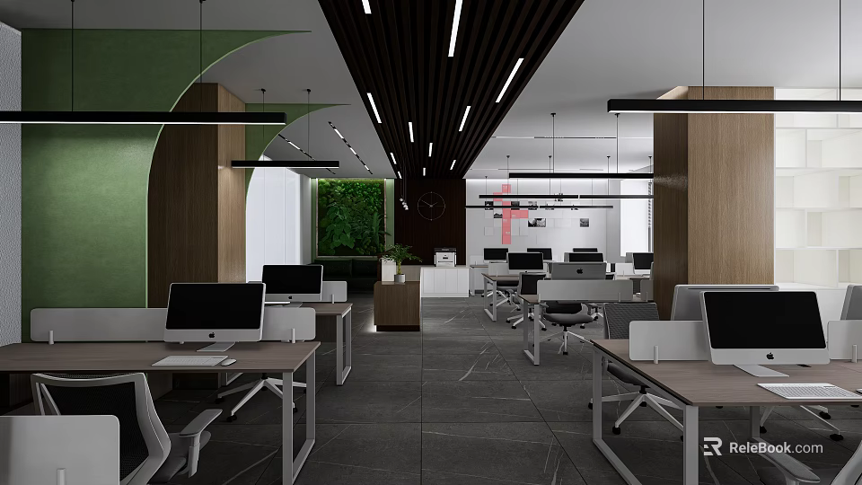 Modern Public Office Space With Open Layout Desks Computers And Green Plants 3d model
