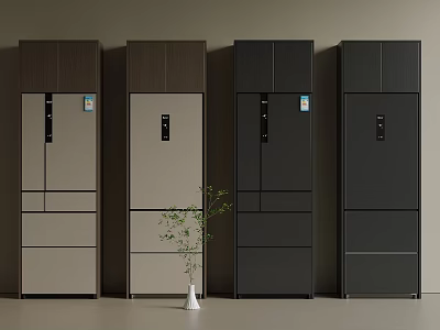 Four Side by Side Refrigerator Cabinets in Various Colors with White Vase and Green Plant Front 3d model