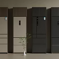 Four Side by Side Refrigerator Cabinets in Various Colors with White Vase and Green Plant Front