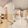 Bright Shopping Mall Store Interior With Wooden Bookshelves Golden Lattice Cabinets And Colorful Terrazzo Floor