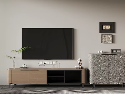 Modern Living Room With Wooden TV Stand Black TV Green Plant And Framed Wall Decorations 3d model