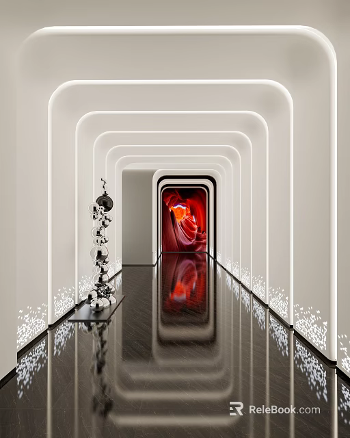 Modern Elevator Corridor Featuring Curved White Structures Reflective Flooring Red Art And Metal Sculpture 3d model 