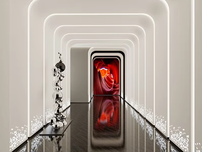 Modern Elevator Corridor Featuring Curved White Structures Reflective Flooring Red Art And Metal Sculpture 3d model