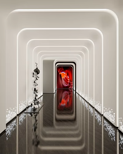 Modern Elevator Corridor Featuring Curved White Structures Reflective Flooring Red Art And Metal Sculpture 3d model