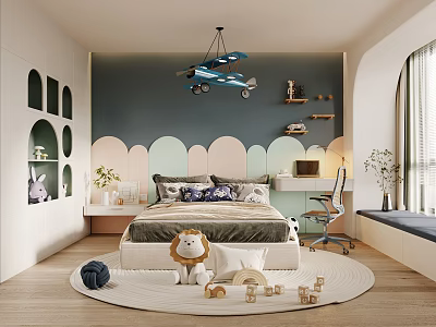 Cozy Kids Room With Bed Plush Lion Toy Building Blocks And Airplane Pendant Light 3d model
