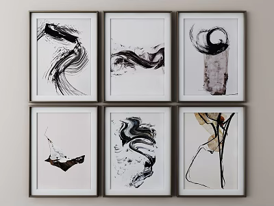 Six Framed Black And White Abstract Paintings For Modern Wall Decoration 3d model