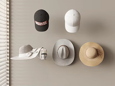 Stylish Hats Collection Featuring Black White Baseball Caps Wide Brimmed Grey And Beige Straw Styles 3d model