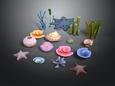 Colorful Decorative Household Items With Seashells Starfish Corals And Seaweed 3d model
