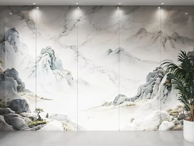 Marble Background Wall With Landscape Art Design And Potted Green Plant Decoration 3d model