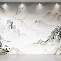 Marble Background Wall With Landscape Art Design And Potted Green Plant Decoration