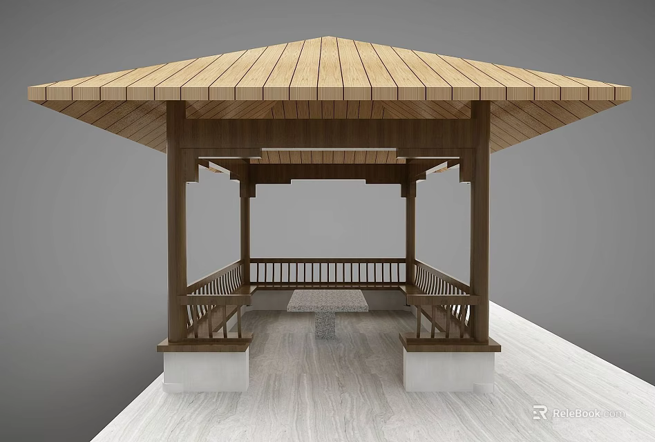 Garden Landscape With Wooden Pavilion Hexagonal Roof Columns Railings And Floor Paving 3d model 