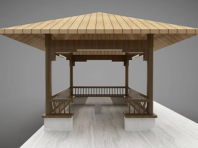 Garden Landscape With Wooden Pavilion Hexagonal Roof Columns Railings And Floor Paving 3d model