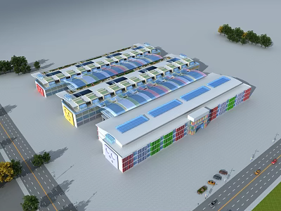 Modern Commercial Street With Multiple Buildings Blue Awnings And Colorful Facades 3d model