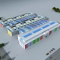 Modern Commercial Street With Multiple Buildings Blue Awnings And Colorful Facades