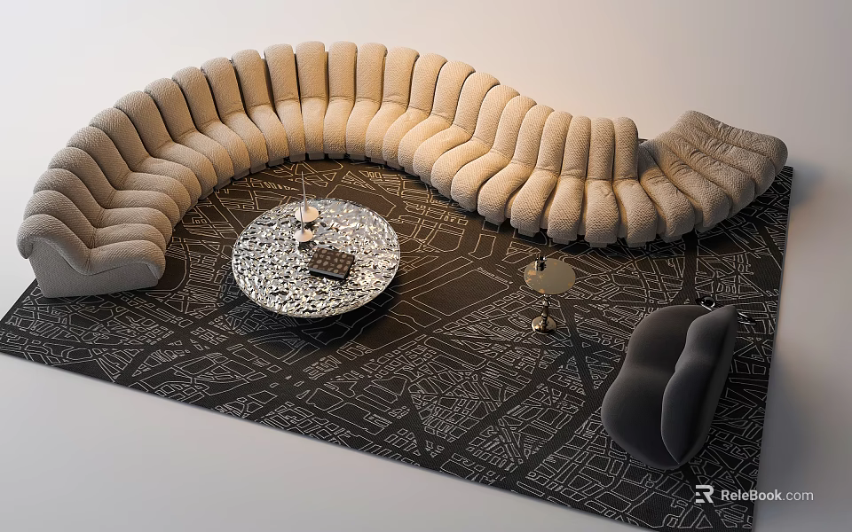 Modern Beige Curved Sofa and Coffee Table Set with Round Table on Black Patterned Rug 3d model 