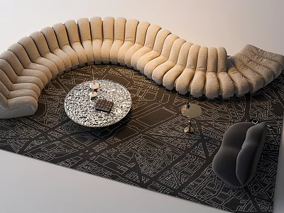 Modern Beige Curved Sofa and Coffee Table Set with Round Table on Black Patterned Rug 3d model