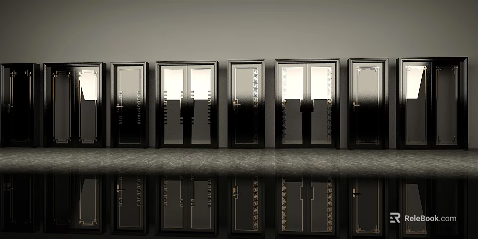 Modern Black Hinged Doors With Glass Panels And Metal Handles For Interior Design 3d model 