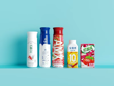 Different Types of Beverages Including Milk Yogurt Juice Drinks with Colorful Bottles and Cartons 3d model