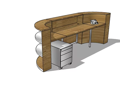 Wooden Curved Office Desk With Metal Filing Cabinet And Small Equipment 3d model