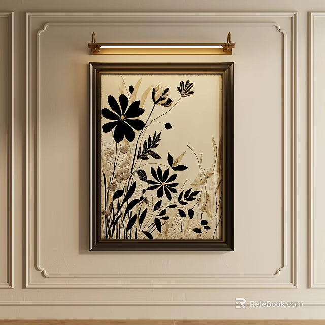 Elegant Wall Decorative Painting With Black Gold Floral Design Dark Frame And Gold Lamp 3d model 
