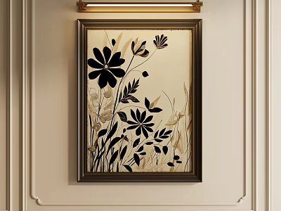 Elegant Wall Decorative Painting With Black Gold Floral Design Dark Frame And Gold Lamp 3d model