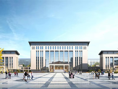 Modern School Building Featuring Symmetrical Design Large Windows And Spacious Square With Students 3d model