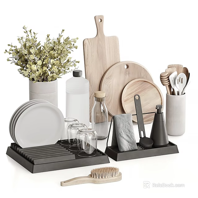 Stylish Kitchenware Set With Wooden Cutting Boards Plates Glasses Utensils And Drying Rack 3d model 