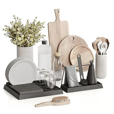 Stylish Kitchenware Set With Wooden Cutting Boards Plates Glasses Utensils And Drying Rack 3d model